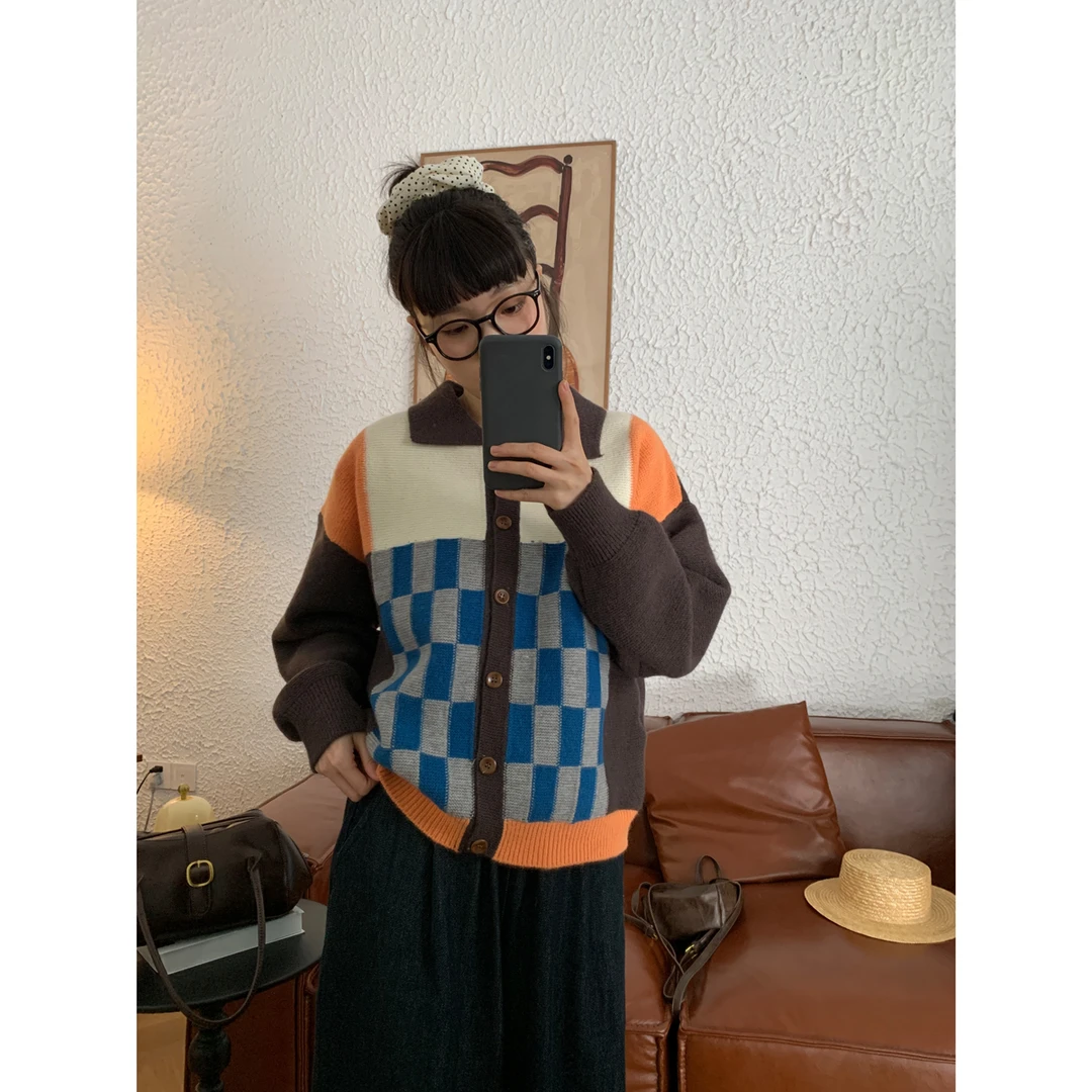 慵懒风洋气撞色拼接翻领针织开衫女春秋复古宽松简约毛衣74456291