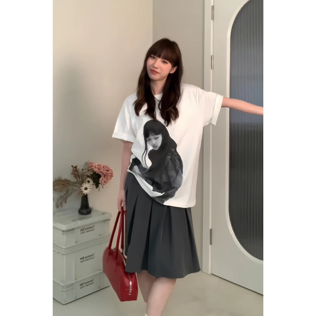 【苏菜萝卜 东方青苍】美式复古纯棉时尚遮肉显瘦休闲印花宽松短袖