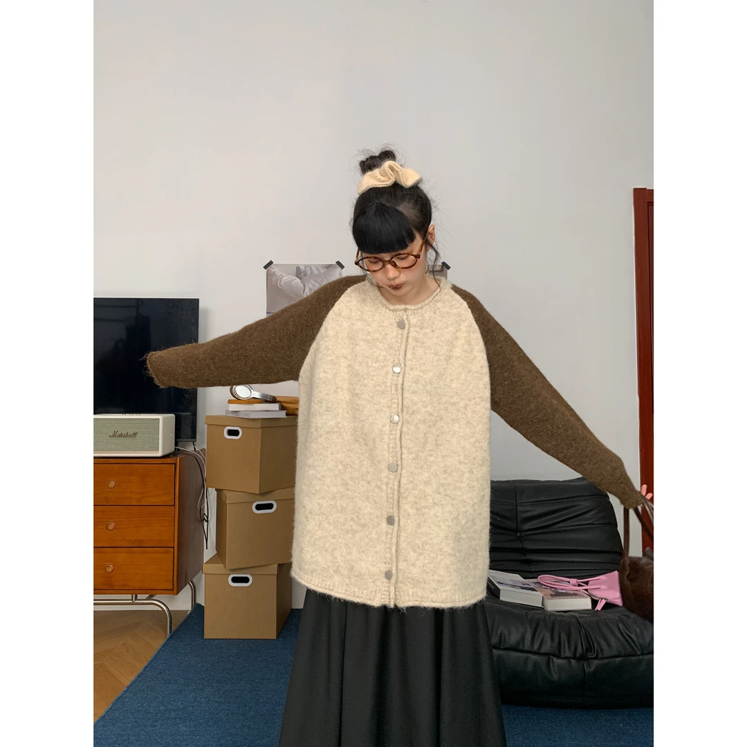 设计感拼色毛衣开衫女气质慵懒长袖针织外套休闲百搭上衣77553290