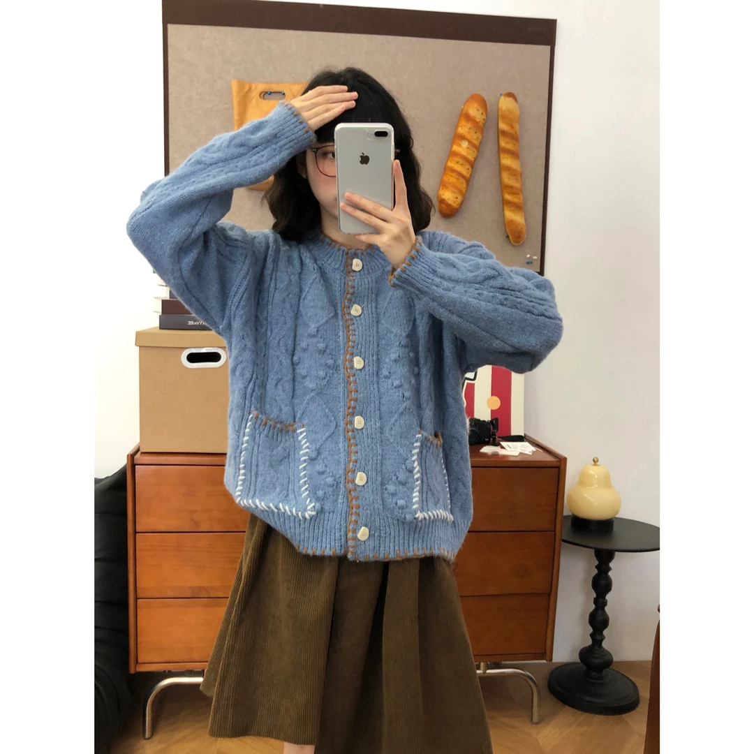 手工麻花软糯针织开衫女2025秋冬新款撞色宽松毛衣外套 75256210