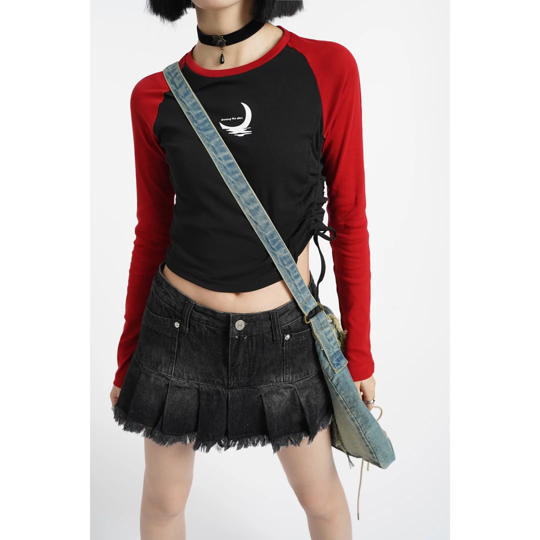 【苏菜萝卜 东方青苍】美式甜辣长袖t恤紧身抽绳收腰插肩袖短款上衣