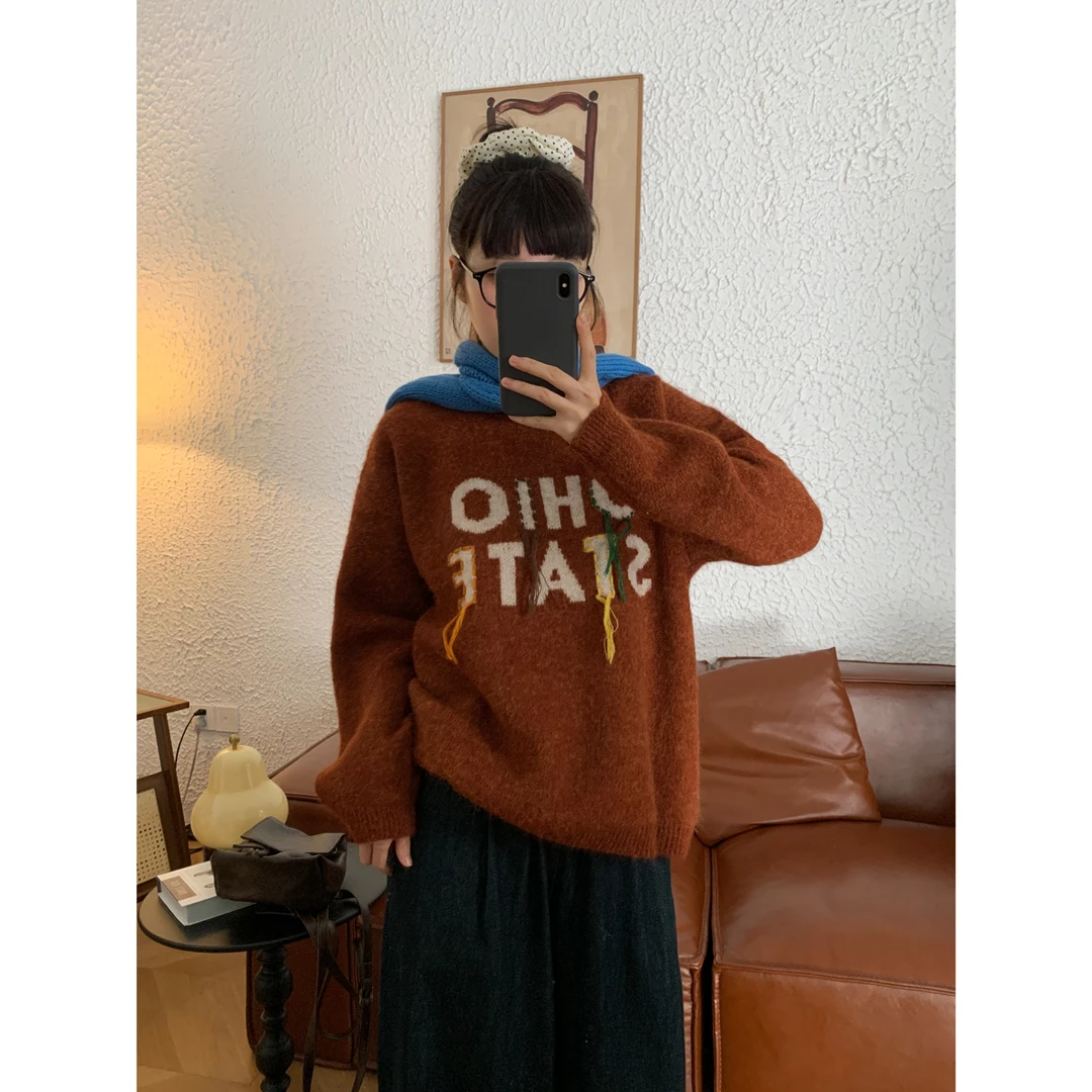 美式字母提花撞色软糯毛衣秋冬慵懒风减龄套头针织衫上衣77750298