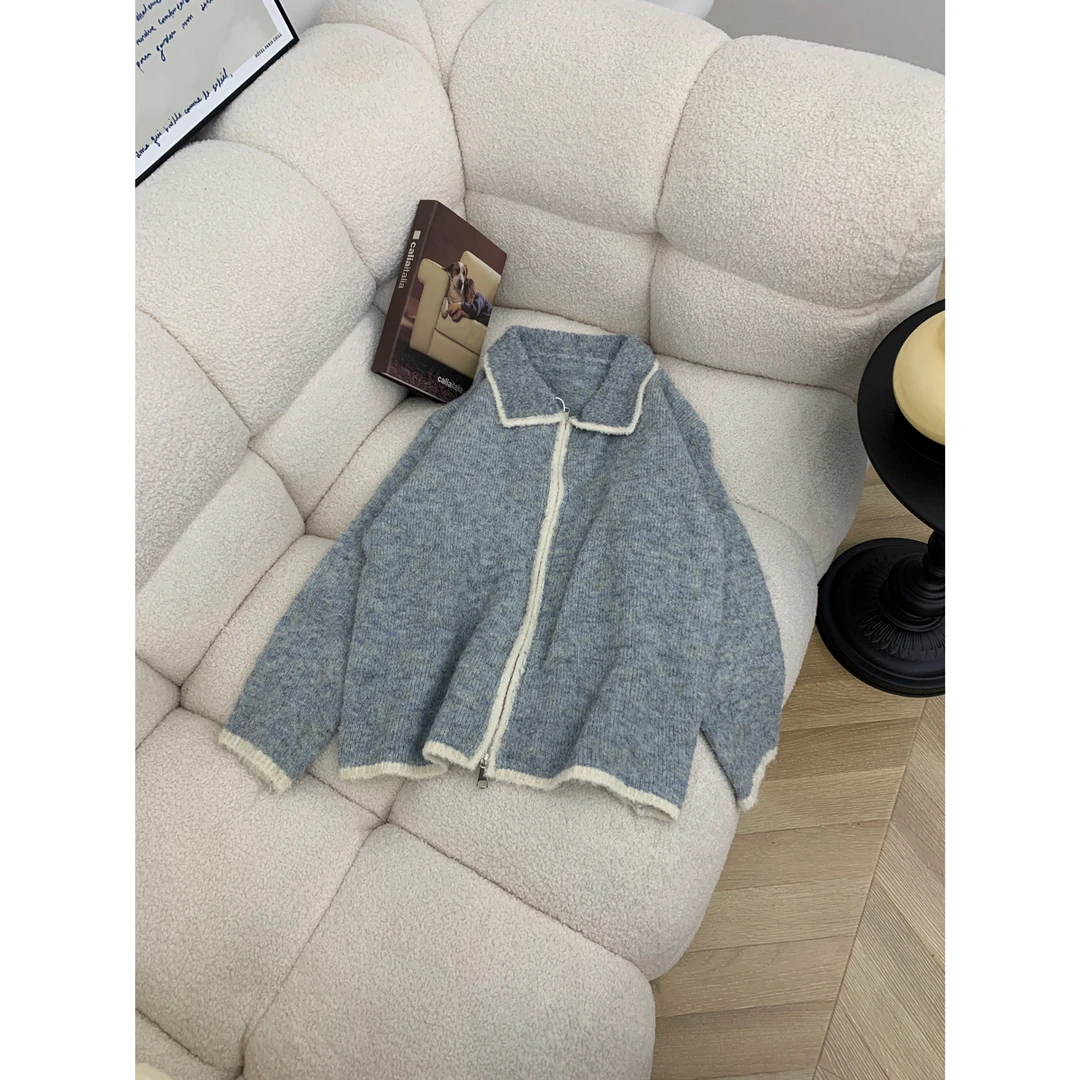 羊毛撞色显白翻领针织开衫女2025秋冬宽松百搭拉链毛衣外套