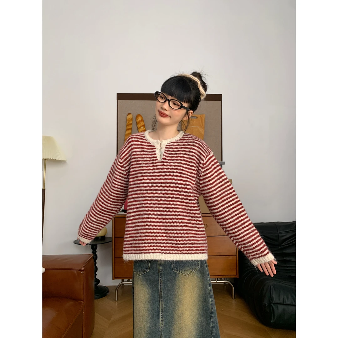 复古高级感慵懒条纹毛衣女韩版秋冬新款百搭显瘦长袖针织衫上衣潮