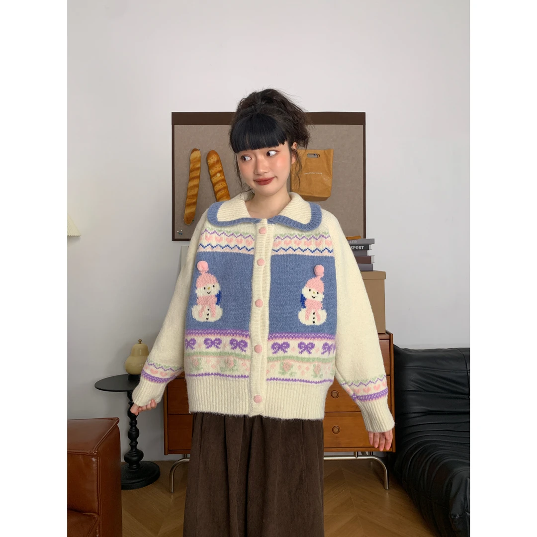 韩系雪人提花羊毛翻领针织开衫女秋冬新款甜美休闲百搭加厚毛衣潮