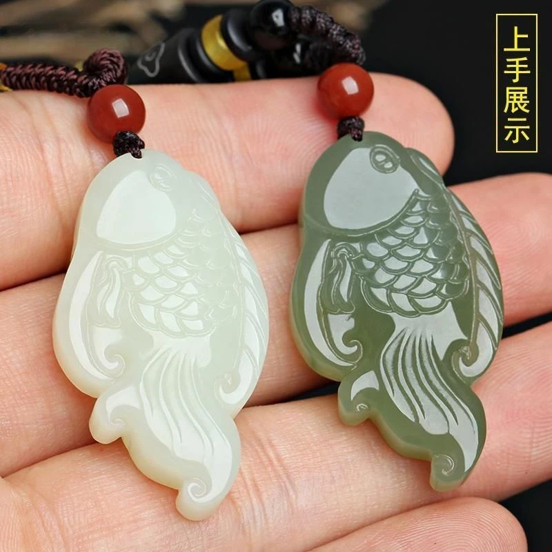 和田玉青白玉连年有鱼吊坠玉石锦鲤金鱼挂件可爱小鱼玉佩男女款