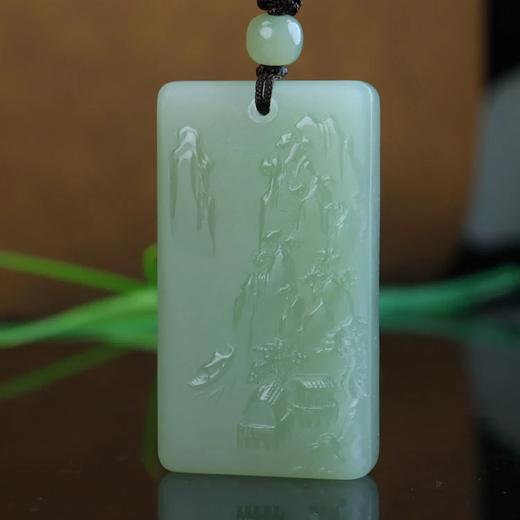 正品和田玉双面山水牌玉石吊坠新疆和田玉冰晴水湖水绿男士吊坠