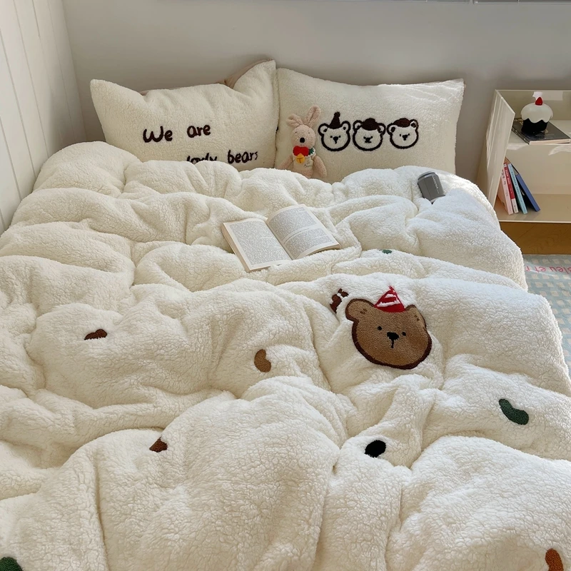 ins风软糯羊羔绒加厚四件套冬季双面绒被套小清新单双人三件套