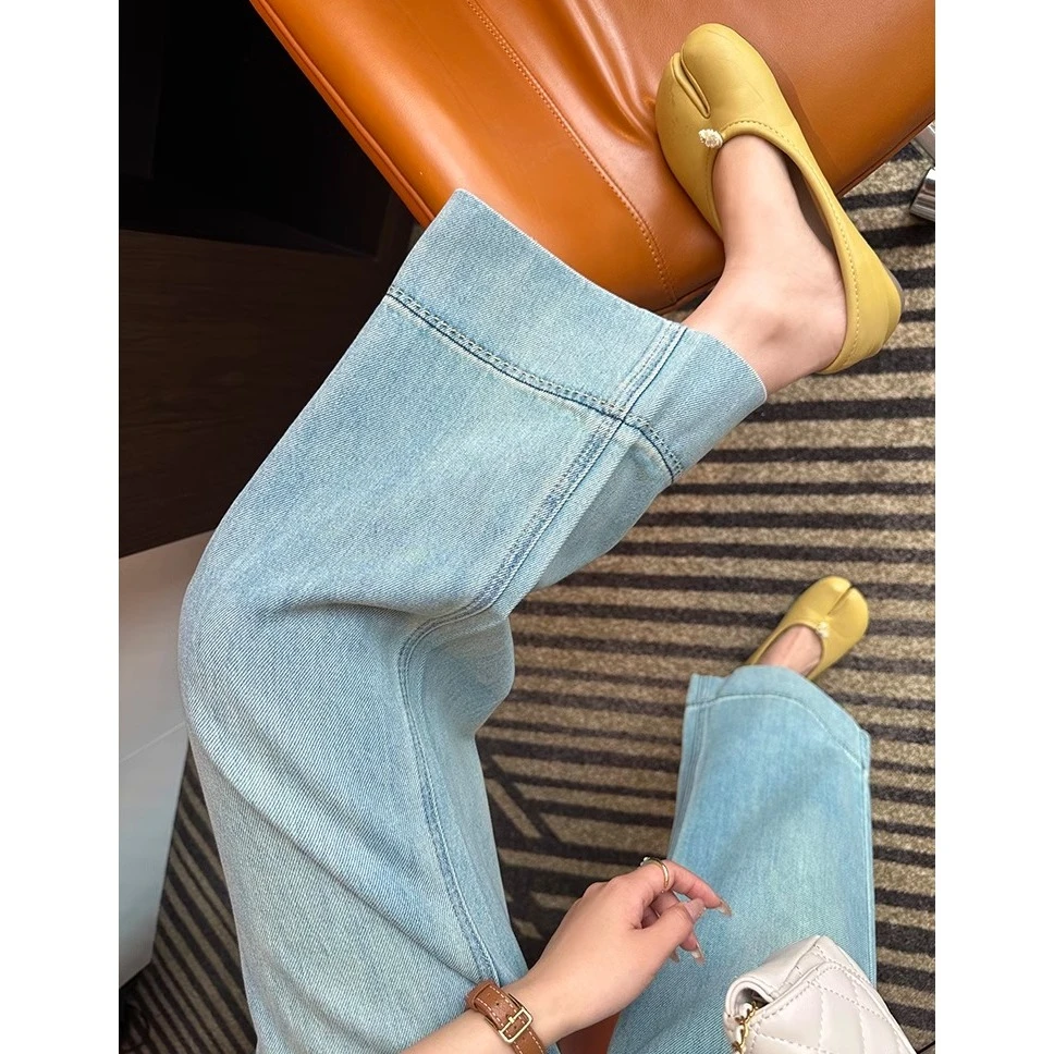 浅蓝色水洗高腰阔腿软牛仔裤子女款春季小个子宽松显瘦直筒九分裤