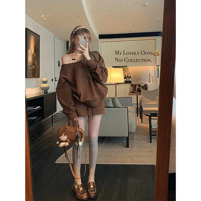 咖色露肩卫衣半身裙运动套装女春秋季初秋新款高级感小个子穿搭女