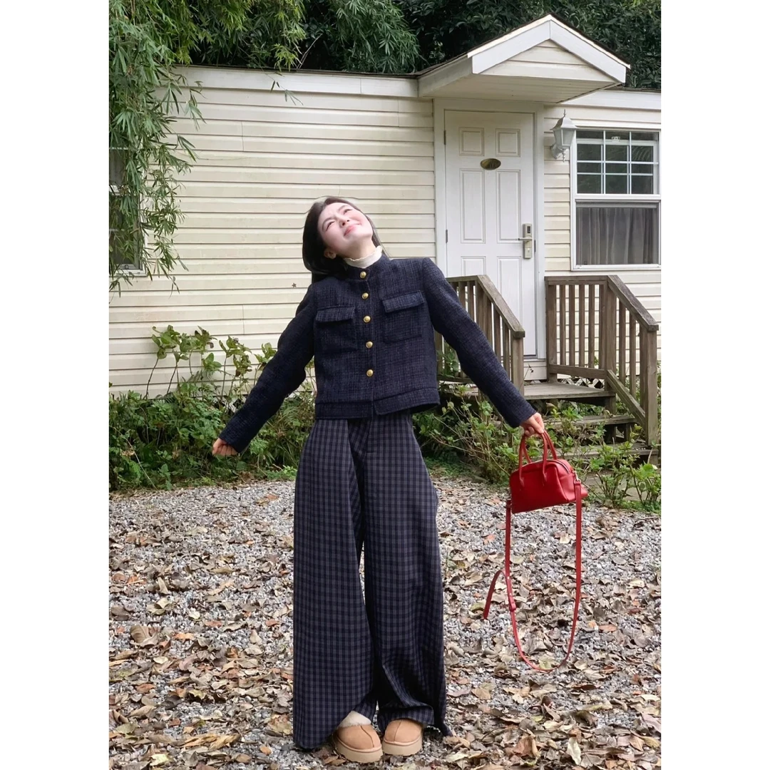 韩系复古格纹阔腿裤女秋冬宽松显瘦百搭休闲裤藏青色直筒拖地长裤