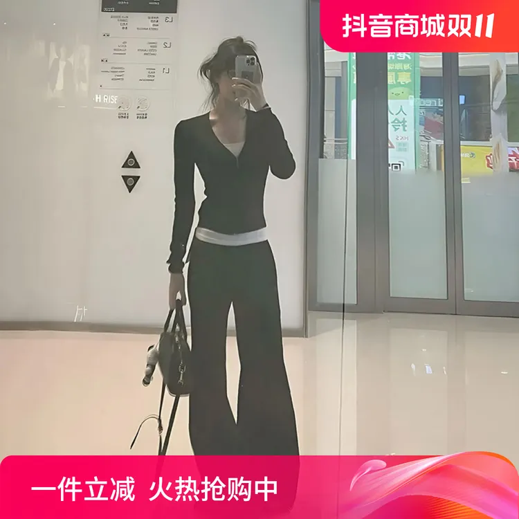 简约通勤毛衣外套短款吊带针织上衣阔腿休闲裤女早秋新款时尚穿搭