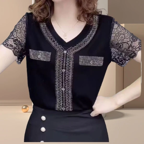 2024欧货夏季高档蕾丝时尚拼接短袖洋气烫钻显瘦小衫H010