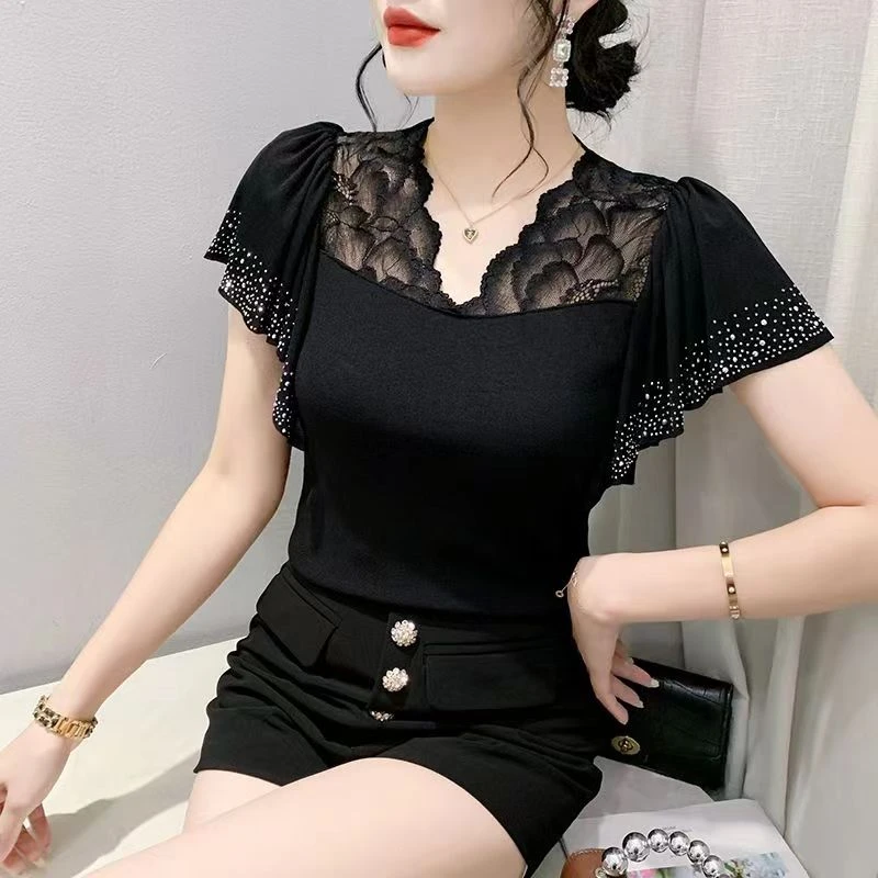 欧货时尚蕾丝拼接 V 领T恤女短袖荷叶边显瘦洋气小衫H009