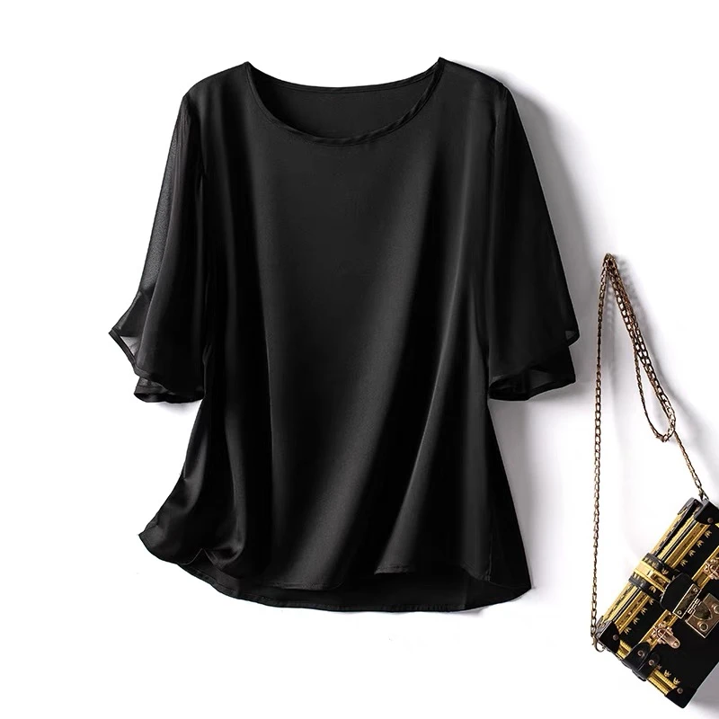 【居妮定制】真丝衬衫女夏季新款百搭圆领双层袖桑蚕丝上衣 PX-1789