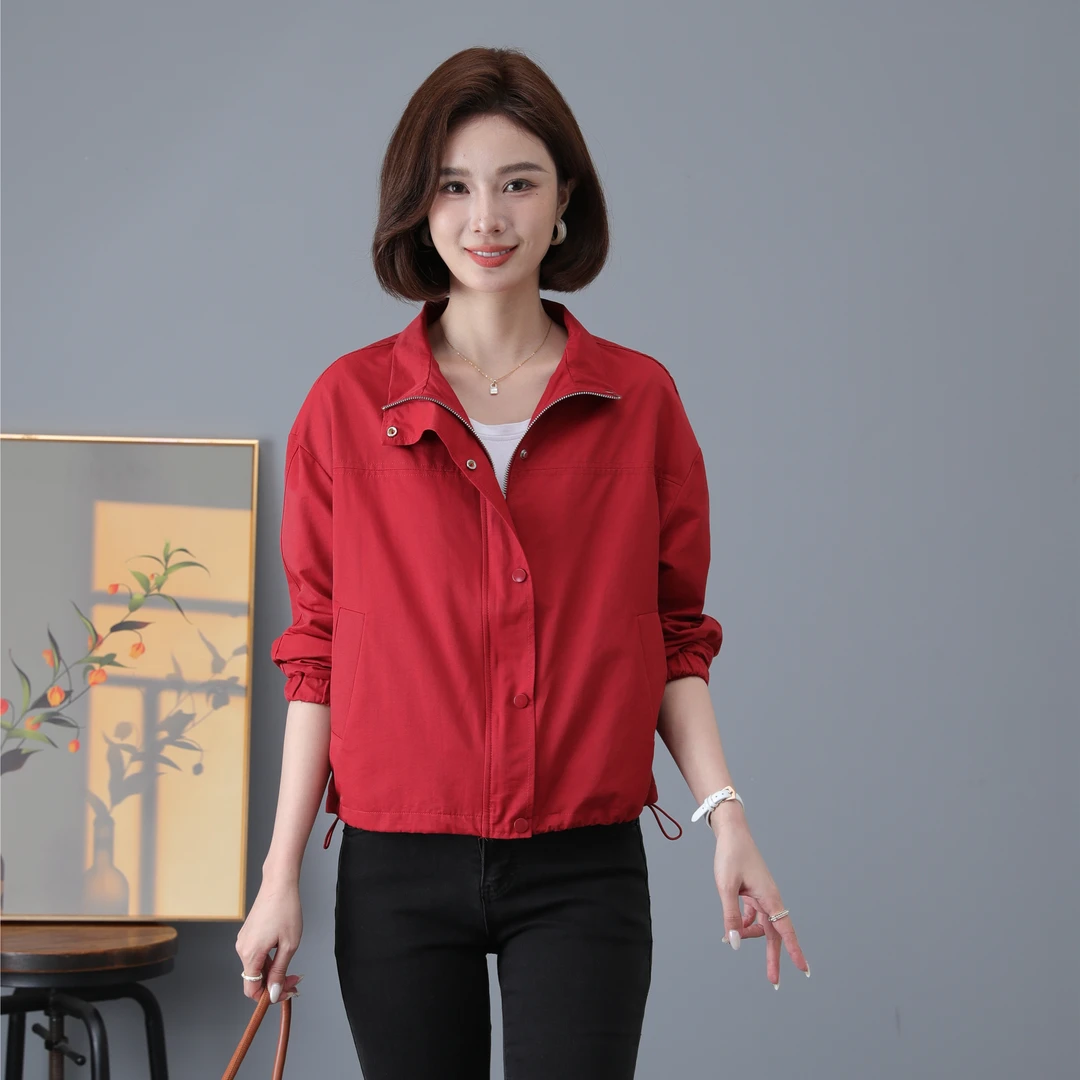 女士立领休闲夹克2024新款时尚宽松纯色短款妈妈洋气外套百搭潮流