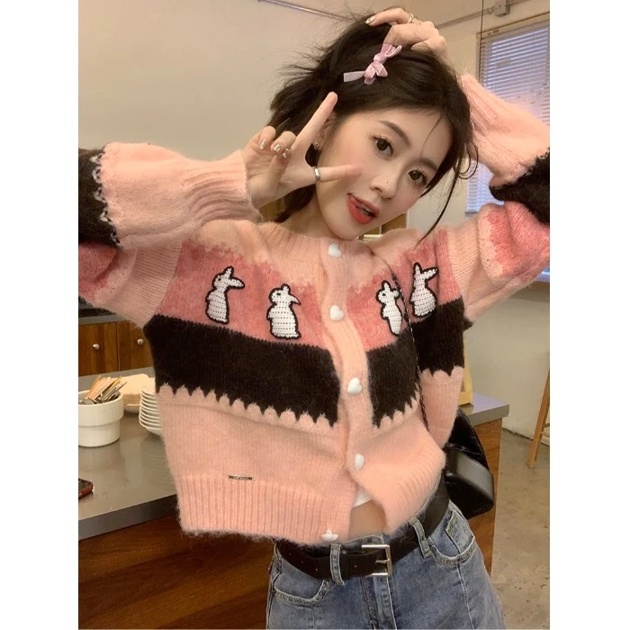 甜美撞色粉色条纹针织衫女春新款小众设计感毛衣开衫外套短款小衫