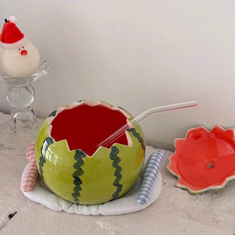 可爱少女心陶瓷西瓜碗宿舍ins高颜值沙拉碗带盖蒸蛋碗酸奶碗