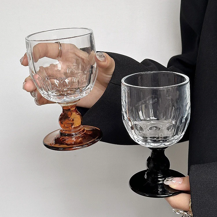 高级轻奢中古带珠洋冷饮杯高脚杯酒杯小众复古ins风酒杯玻璃杯