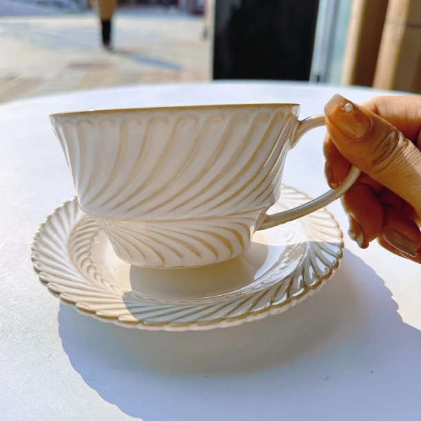 釉下彩法式窑变含羞草复古纯色家用水杯陶瓷咖啡杯一杯一碟精致