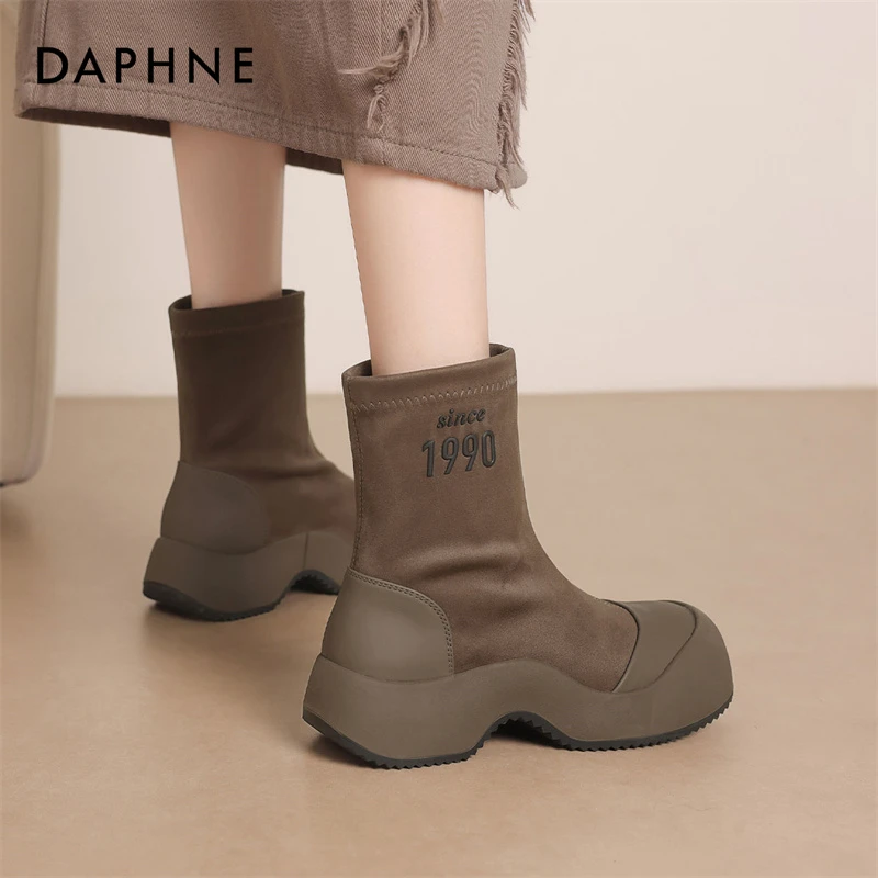 达芙妮瘦瘦靴女短靴2024新款棕色单靴春秋厚底短筒弹力靴马丁靴子