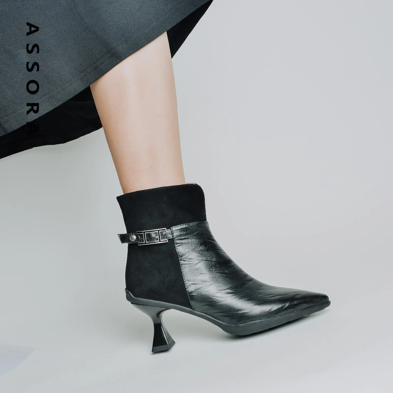 【Kone】34.38断码5cm/羊皮尖头高跟短靴女秋冬真皮粗跟时装靴子