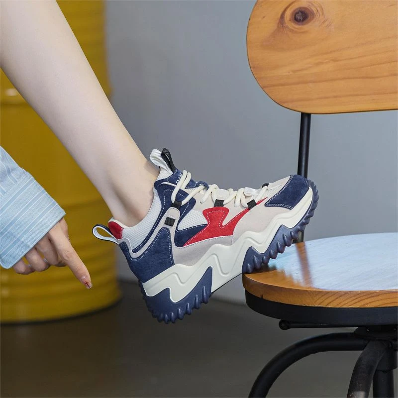 真皮厚底增高老爹鞋女2023年新款秋冬季松糕底轻便百搭休闲运动鞋