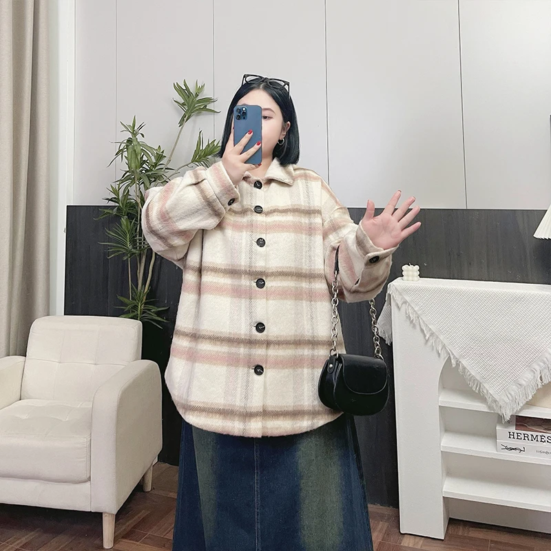 树莓可颂 / 慵懒风毛呢格子外套11578花契200斤胖mm秋冬休闲时尚