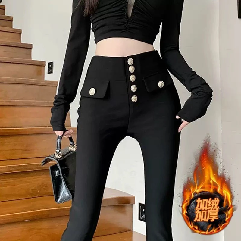 韩版高腰显瘦修身微喇裤2024冬季新款设计感单排扣百搭加绒休闲裤