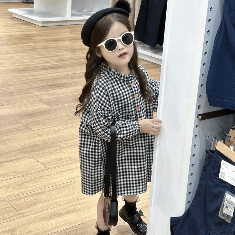 儿童韩版童装2024春秋新款女童宝宝黑白格长袖连衣裙女童裙子