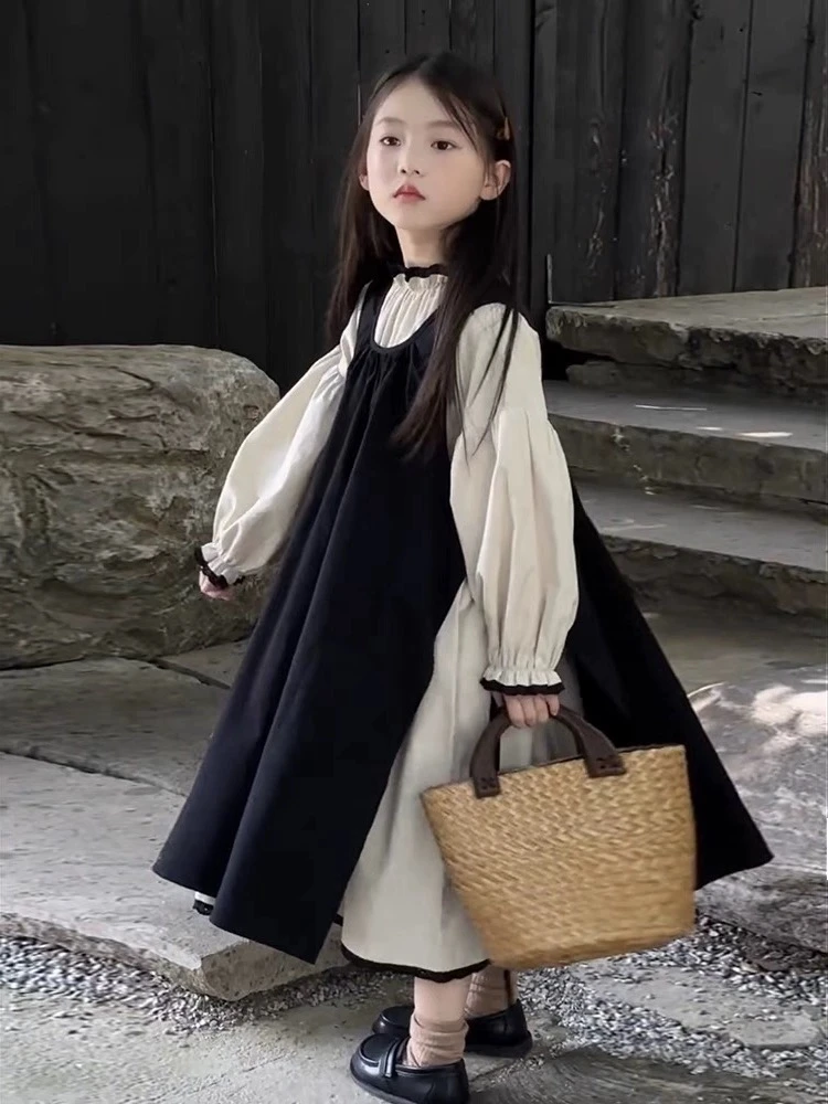 亲子款女童复古连衣裙套装新款洋气长袖公春秋装韩版两件套