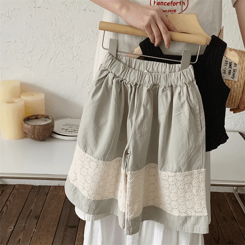 2024新款女童夏季绿色拼接阔腿9分裤时尚百搭