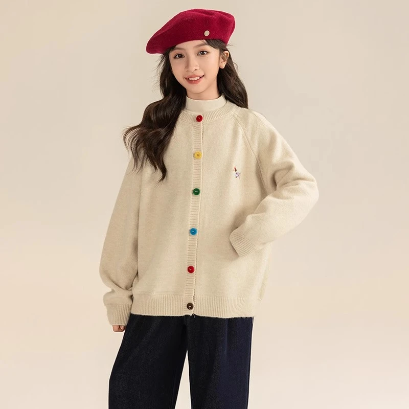 女童圆领毛衣春秋款2025新款休闲中大童韩系针织开衫韩版儿童上衣