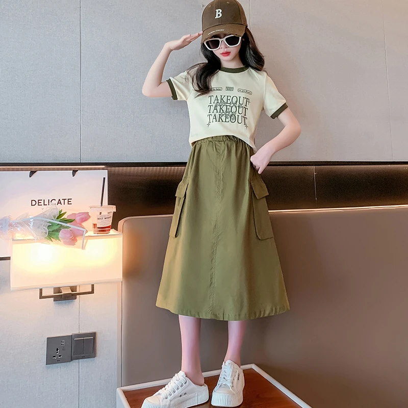 女大童夏装连衣裙2025新款韩范女孩工装半身裙短袖T恤两件套裙子9