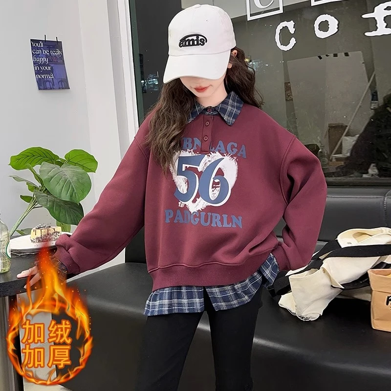 女童卫衣加绒秋冬2024新款女大童秋装洋气假两件儿童冬装加厚上衣