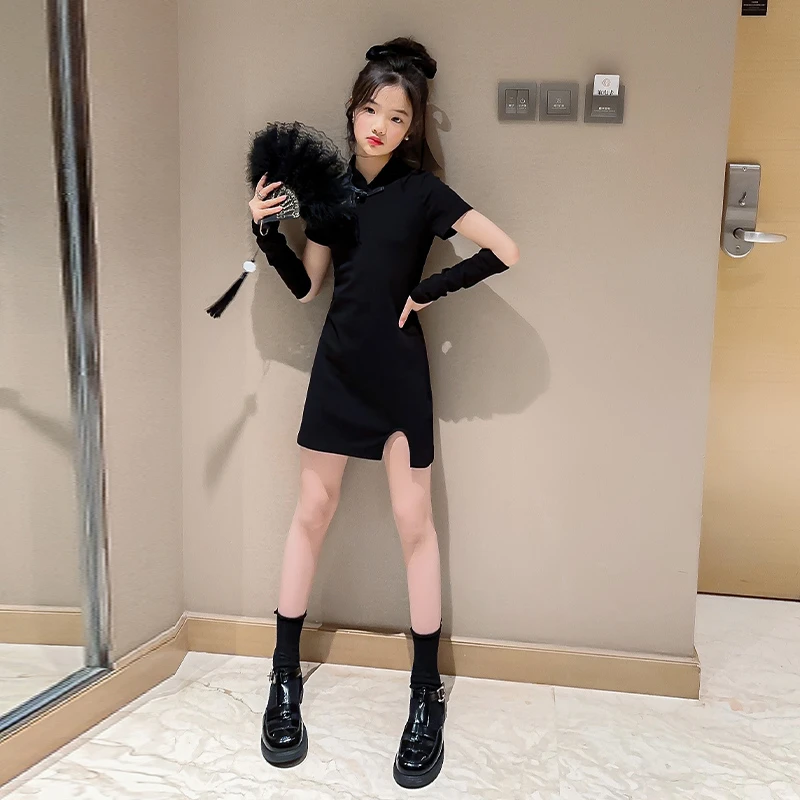 女童旗袍夏季2024新款连衣裙黑色中式修身复古夏装小女孩儿童裙子