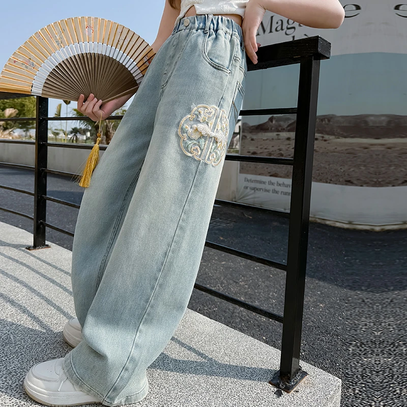 女童牛仔裤春秋外穿2025新款春装直筒儿童新中式裤子女大童阔腿裤