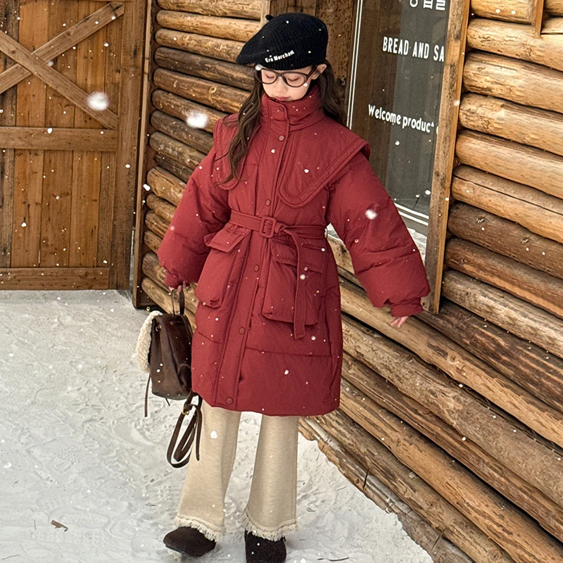 女童中长款棉服2025蛇年本命年衣服女大童红色娃娃领棉衣12岁冬装