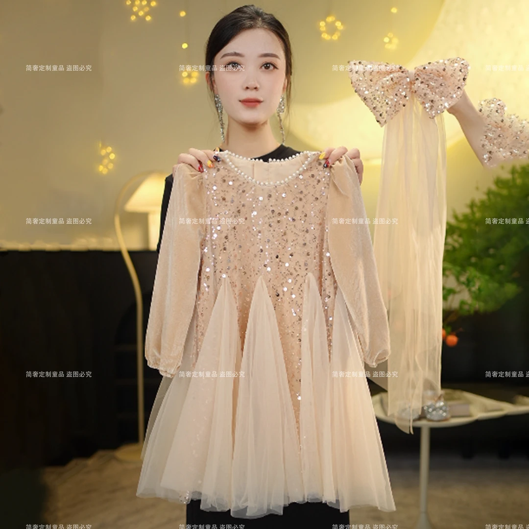 【QN香槟公主pro】2024女童秋冬新款人鱼头纱亮片裙中式改良旗袍裙