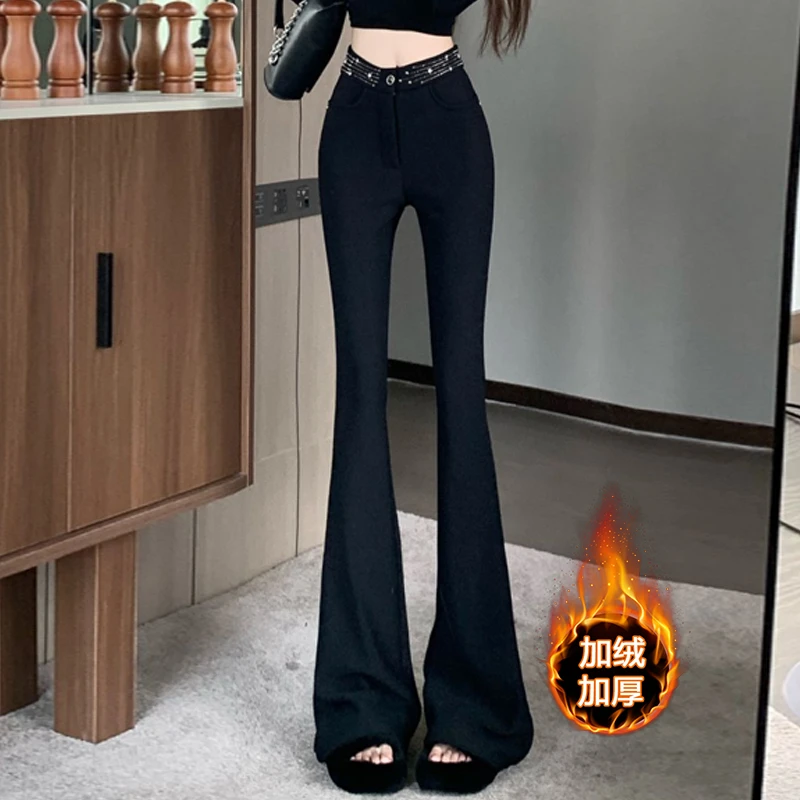 重工烫钻微喇西装裤女秋冬加绒加厚修身显瘦高腰裤垂感休闲拖地裤