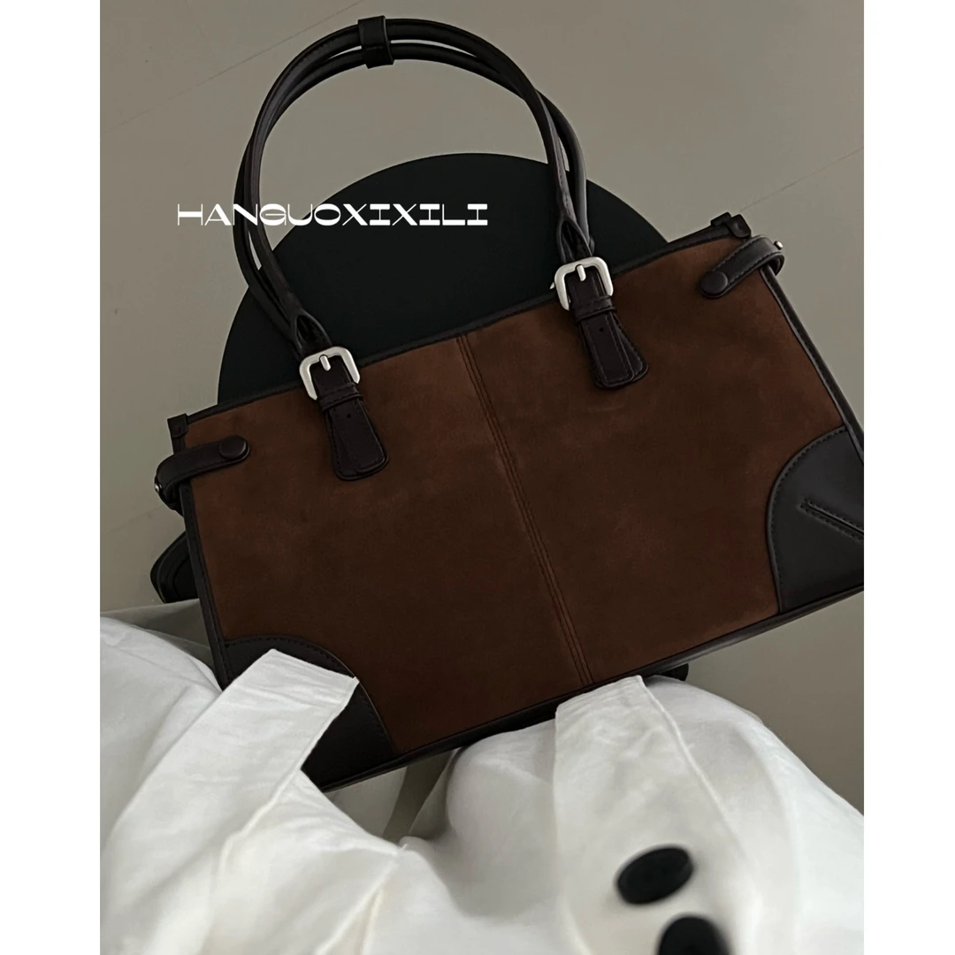 韩国西西里原创小众设计2025秋冬复古撞色拼接托特包通勤单肩包