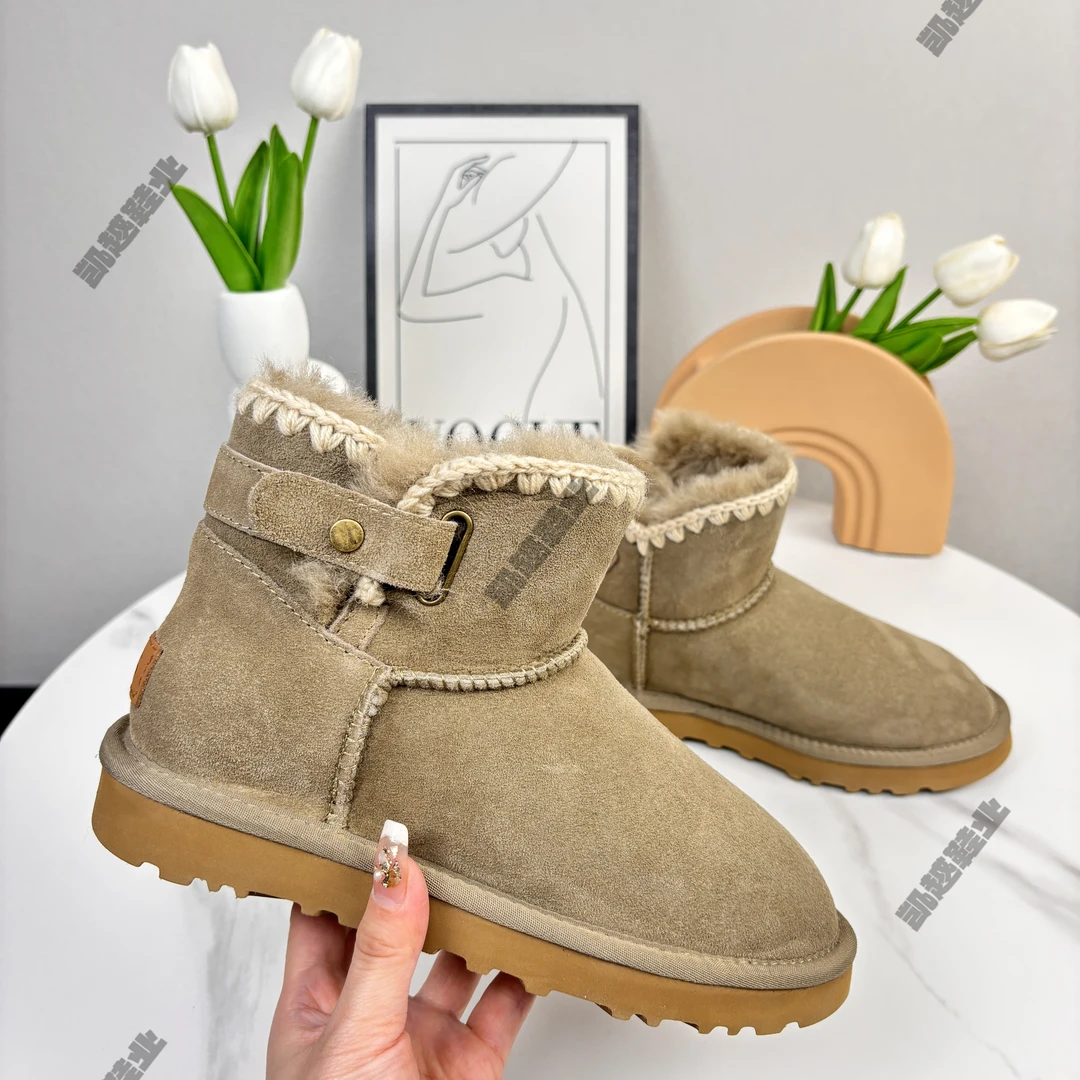 羊皮毛一体雪地靴女秋冬新款真皮针织卡扣防滑加厚保暖羊毛雪地棉