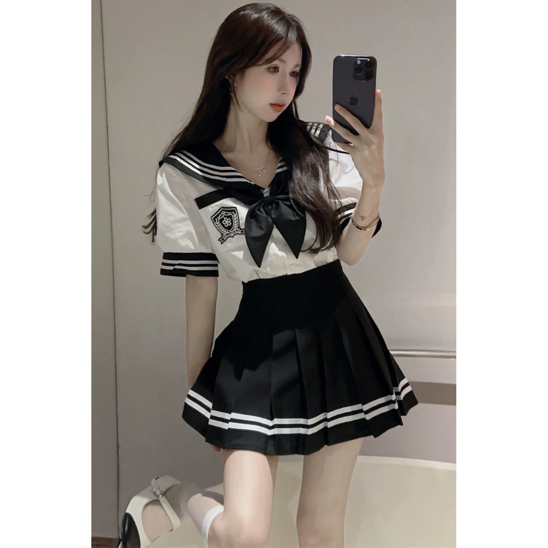 夏季日系jk制服套装裙女学院风水手服短袖衬衫海军领百褶裙两件套