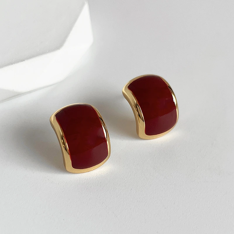 铜合金耳饰 复古小巧酒红色耳钉简约气质925银耳环女款上档次耳环