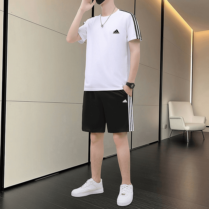 夏季新款男士运动套装男款薄款透气冰丝休闲短袖跑步服两三件套男