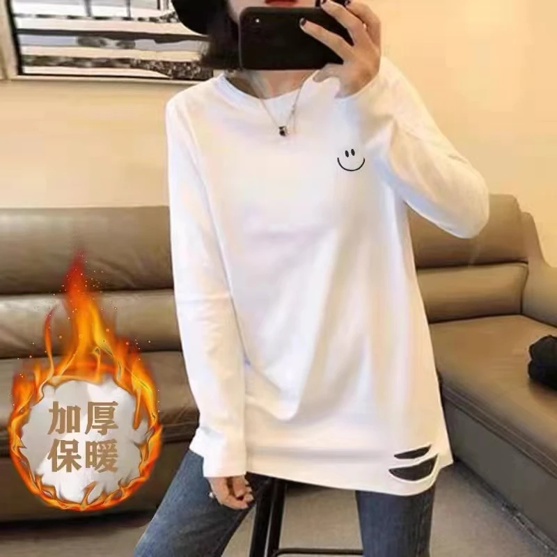 2023冬季中长款刺绣笑脸圆领百搭上衣加绒加厚减龄时尚白色打底衫