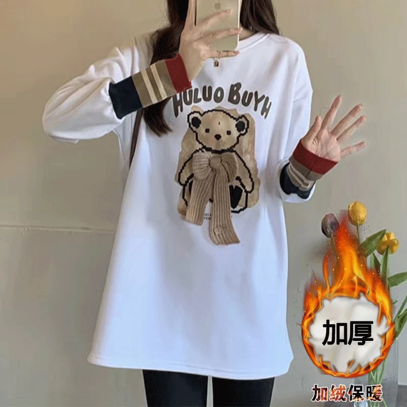 圆领ins宽松T恤2023冬季中长款秋冬加厚蝴蝶结小熊百搭减龄打底衫