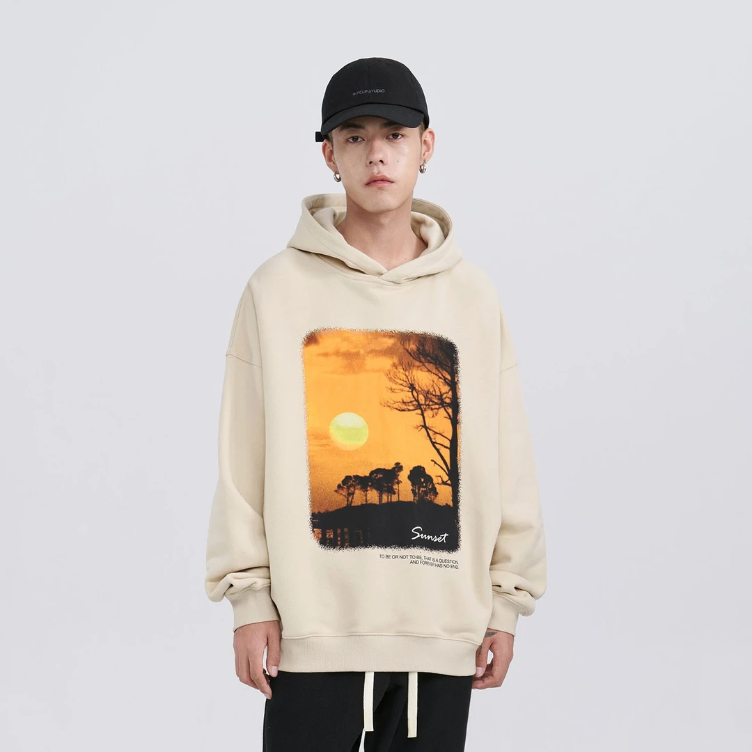 PCLP夕阳落日连帽卫衣 国潮牌春秋季宽松圆领复古潮牌长袖卫衣男