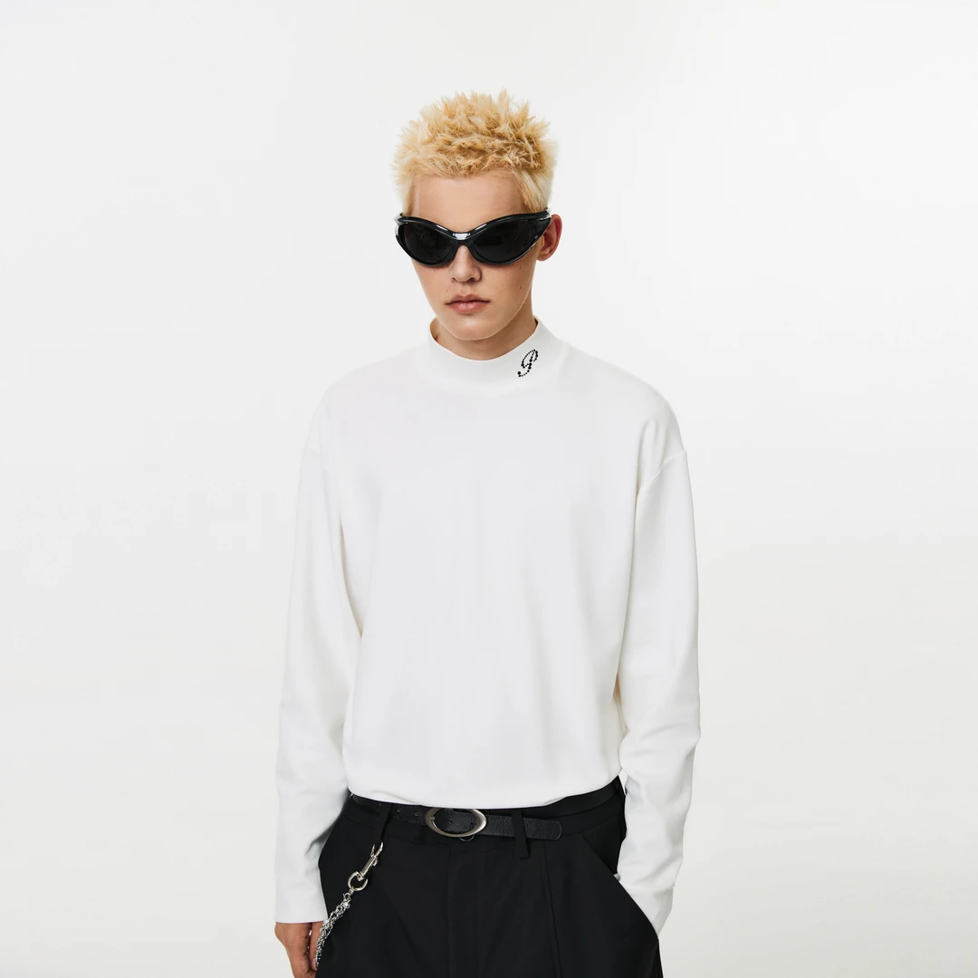 PCLP基础烫珠打底 国潮牌春秋小高领圆领套头宽松打底衫t恤