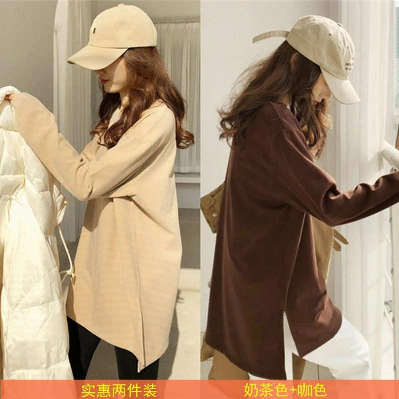 德绒打底衫女保暖上衣中长款遮臀显瘦开叉不规则长袖T恤胖mm300斤